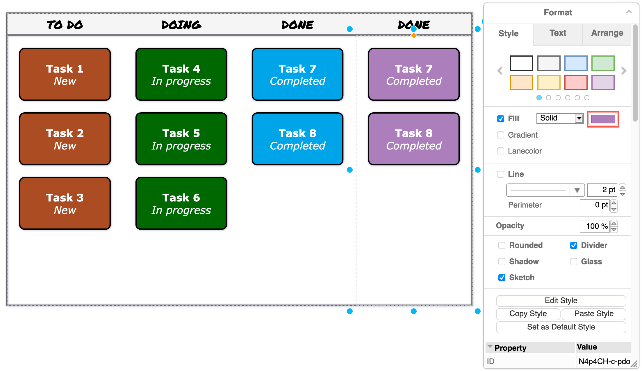 Change the colour of the tasks in a column to the kanban template in draw.io